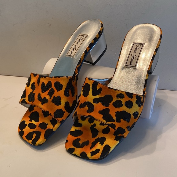 Diane Gilman leopard orange black sequin square toe chunky block heel slides - Picture 16 of 16